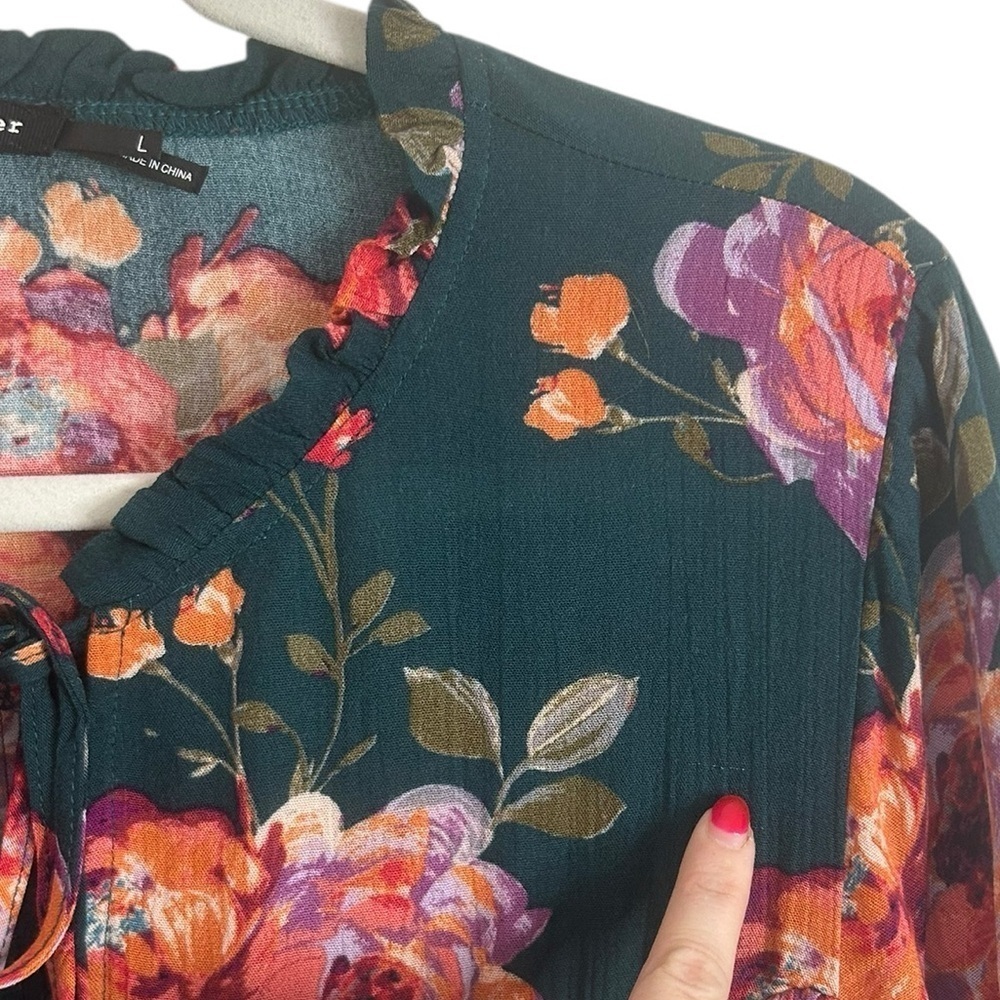 Blu Pepper Green Floral Ruffled Dress Lace Trim Bell Sleeves Womens Sz Large - Picture 8 of 14